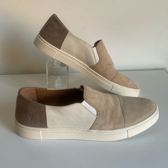 FRYE Suede Classic Sneaker Size 7 Beige Brown Color Block Minimalist Fall OOTD - Picture 1 of 16